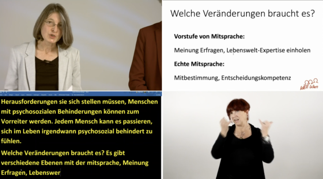 Man sieht den Live-Stream der Veranstaltung mit vier Fenstern. Links trägt Petra Derler vor. Rechts daneben sieht man die Powepoint. Links unten den Schriftdolmetsch und recht unten die Gebärdensprachdolmetscherin Patricia Brück.