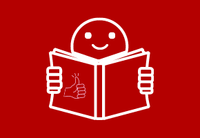 Man sieht ein Zeichen für Leichte Sprache. Eine Person lächelt und hält ein offenes Buch in den Händen. Darauf ist ein "Daumen nach oben"-Symbol abgebildet.