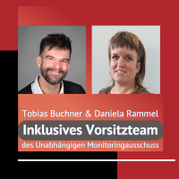 Portraits von Tobias Buchner und Daniela Rammel nebeneinander. Inklusives Vorsitzteam des Unabhängigen Monitoringausschusses