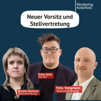 3 Personen und Titel "Neuer Vorsitz und Stellvertretung": von links Daniela Rammel, Stellvertretung. Katta Spiel, Vorsitz. Felix Steigmann, Stellvertretung.